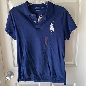 Ralph Lauren POLO The Skinny Polo Collared Short Sleeve Shirt Size LG Blue White